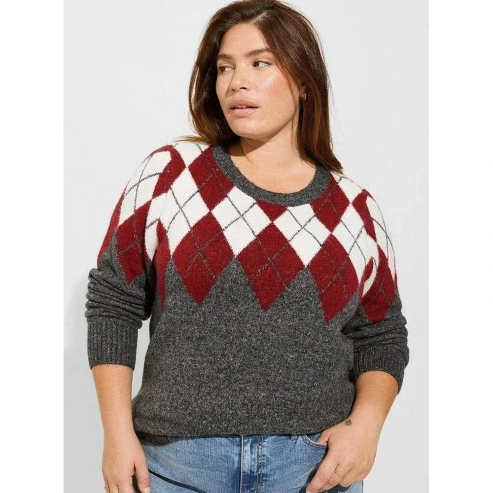 Torrid Argyle ‎ Vegan Cashmere Long Sleeve Crew Neck Sweater Size 1